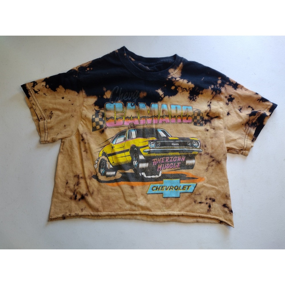 Chevrolet Camaro American Muscle Graphic Crop Top Acid Wash Bleach Tee Black Tan